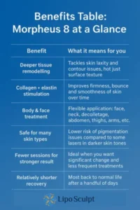 Table showing the benefits of Morpheus 8 treatment from Lipo Sculpt Croydon