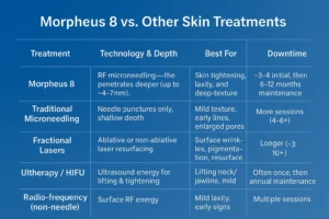 Table to show benefits of Morpheus 8 Croydon compared to other skin treatments